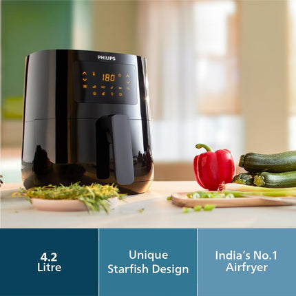 PHILIPS Digital Airfryer with Touch Panel, 4.1L, with RapidAir Technology,with additional 1 Yr Warranty by Philips, 7 Pre-set Menu (HD9252/90)(Black), Large