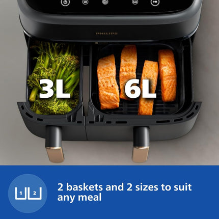 PHILIPS Air Fryer NA352/00 with Rapid Air Technology, 9L capacity, Dual basket (6L & 3L) for full oven tray cooking, 8 Preset Menus, Intuitive touch control, 90% less oil, 500+ Recipes, Extra Large