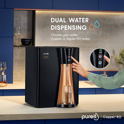 Pureit RO+UV+MF+Copper+Mineral | 7 Stage Purification | 8L Capacity | Suitable for Borewell, Tanker & Municipal Water | Table Top | Wall Mountable | Black & Copper
