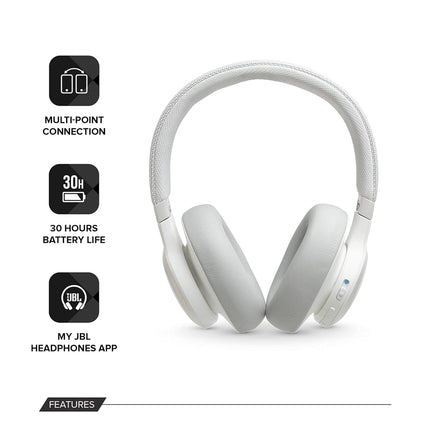 JBL Live 650BTNC, Over Ear Active Noise Cancelling Headphones with Mic, Signature Sound, Quick Charge, Dual Pairing, AUX, Built-in Alexa and Google Assistant (White, Wireless)