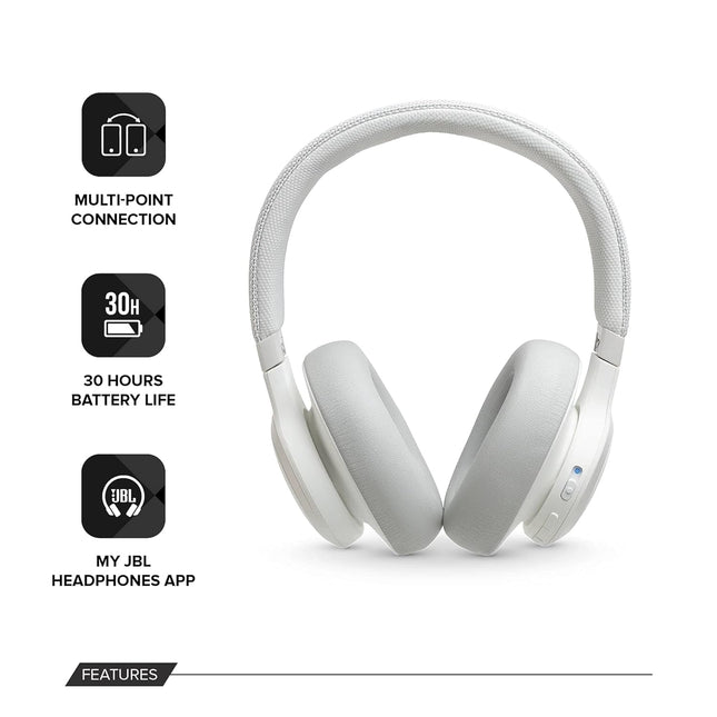 JBL Live 650BTNC, Over Ear Active Noise Cancelling Headphones with Mic, Signature Sound, Quick Charge, Dual Pairing, AUX, Built-in Alexa and Google Assistant (White, Wireless)