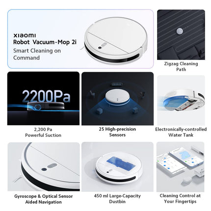Xiaomi Robot Vacuum-Mop 2i, 2200 Pa Powerful Suction, 450 mL Large-Capacity Dustbin, Electronically-Controlled 270 mL Water Tank, Controls remotely via app, Alexa/GA Enabled, White