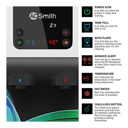 AO Smith Z9 Instant Hot+Ambient Water Purifier for Home with MIN-TECH | 10L Storage | 8-Stage Purification |100% RO + SCMT (Silver Charged Membrane Tech) | 55% Water Savings
