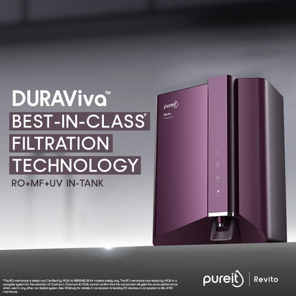 Pureit Revito RO+MF+Mineral+UV in-Tank | 7 stage | 7L Capacity | Upto 70% Water Saving | Suitable for Borewell, Tanker & Municipal Water | DURAViva | Magenta