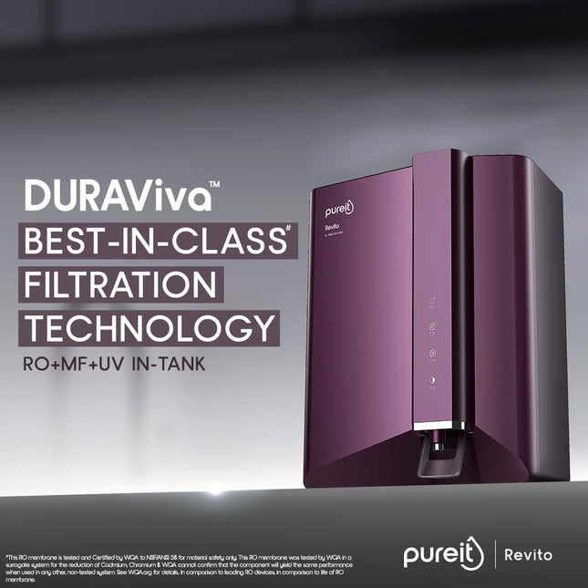 Pureit Revito RO+MF+Mineral+UV in-Tank | 7 stage | 7L Capacity | Upto 70% Water Saving | Suitable for Borewell, Tanker & Municipal Water | DURAViva | Magenta