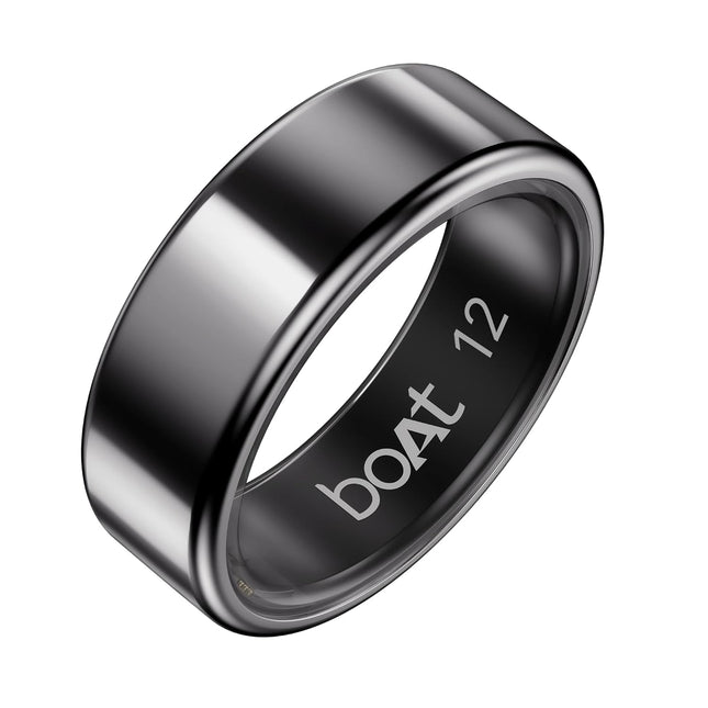 Boat SmartRing Active Plus, Auto HR, Sleep, SpO2, Stress & Skin Temperature Monitor, Stainless-Steel Build, 5 ATM, Weighs Only 5 gm, Portable Charging Case, Smart Ring for Men (12, Midnight Black) - Unboxify