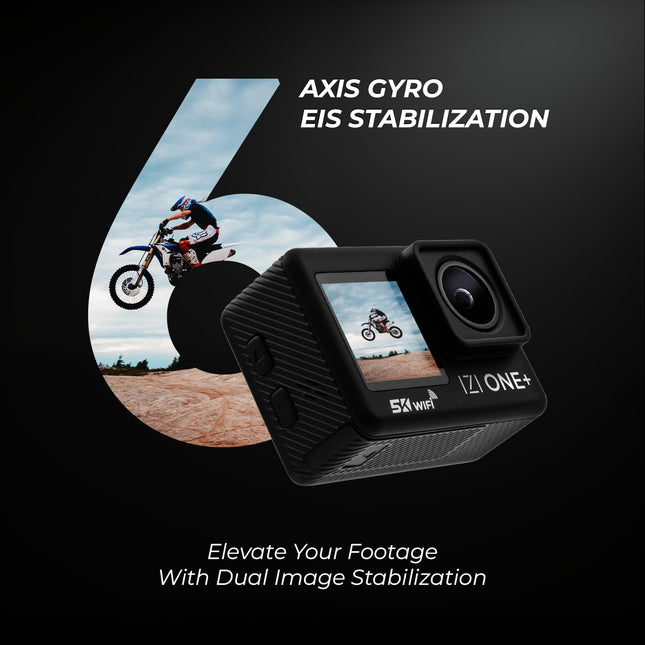 IZI ONE Plus 5K 48MP Action Camera - 6-Axis Gyro Stabilization, 110ft Waterproof, Vlogging, 170° FOV, WiFi, Dual Touch Screen Video Camera, 2X 1350mAh Batteries, Fast C-Type Charge HQ External Mic