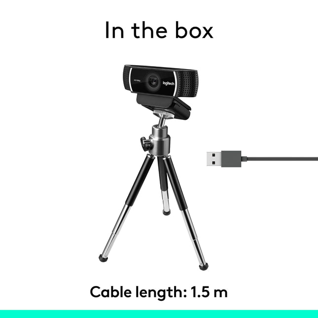 Logitech C922 Pro Stream Webcam, HD 1080p/30fps or HD 720p/60fps, Digital, Hyperfast Streaming, Stereo Audio, HD Light Correction, Autofocus, for YouTube, Twitch, XSplit - Black