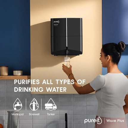 Pureit Wave Plus Mineral RO+UV | 6 stage Purification | 7 Litres Capacity | Up to 45% Water Saving | Suitable for Borewell, Tanker & Muncipal Water | Wall Mountable | Black