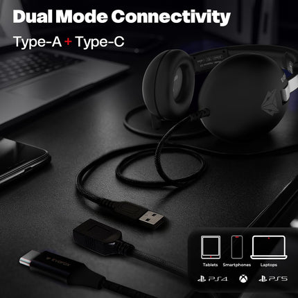 EvoFox Hyperion 7.1 Gaming Headphones with Mic - Black, 50mm Drivers, Software Supported 7.1 Surround Sound, Retractable Mic, Wired (USB A + Type-C), Inline Controls, Over-Ear Swappable Ear Pads