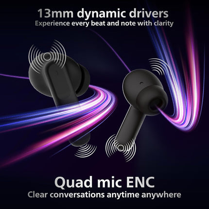 PHILIPS TAT1050BK/94 Truly Wireless Earbuds with ANC, Quad Mic ENC, Up to 50 Hr Playtime, 13mm Neodymium Drivers, Multipoint, IPX5 Water Resistance, Fast Charging, Ultra Low Latency (Deep Black)