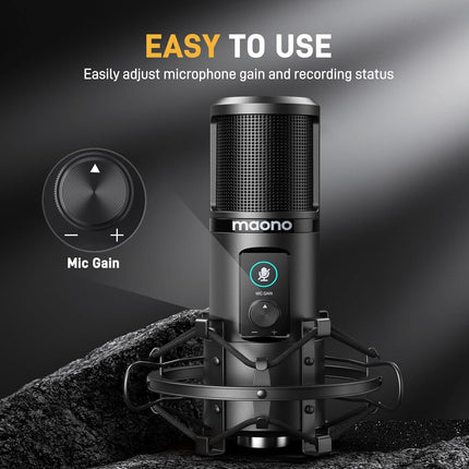 MAONO AU-PM421 Condenser USB Microphone, Professional Studio Recording Mic with 1-Touch Mute and Mic Gain Knob for PC, Singing, Podcast, Gaming, YouTube