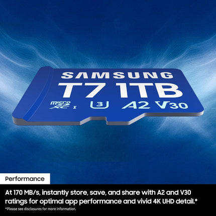 Samsung T7 microSDXC, 128GB, 170 MB/s Read, A2, U3, V30, Memory Card for Gamers & Video Creators, Compatible with Smartphone, Tablet, Laptop, Action Camera, Drone & Gaming Console (MB-MB128T/WW)