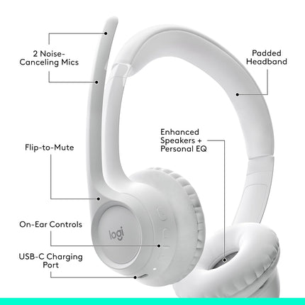 Logitech Zone 300 Wireless Bluetooth Headset with Noise-Cancelling Microphone, Compatible with Windows, Mac, Chrome, Linux, iOS, iPadOS, Android – White