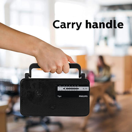 Philips Portable Radio RL191/94 with MW/FM Bands, 180mW RMS Sound Output, Telescopic Antenna, Battery & DC Powered (2xR20/3V DC), Compact & Portable Design (Black)