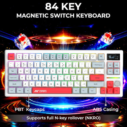 Ant Esports APEX200 Tri‑Mode Mechanical Gaming Keyboard (2.4GHz-Bluetooth-Wired) 84Key RGB Magnetic Keyboard Hall Effect Switches 1000Hz Wireless Polling Rapid Trigger Hot‑Swappabl PBT Keycaps –White