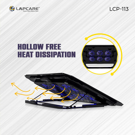 Lapcare Chillmate Pro LCP113 Black | USB Power Supply | 5 Adjustable Positions | 6 Fans | 2 USB Port 2.0 for Multiple Device Usage | Heat Dissipation | Fans Speed 1800-2200Rpm