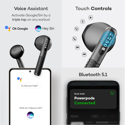 Boult Audio Newly Launched Airbass Powerpods Tws Featherweight Bluetooth Truly Wireless In Ear Earbuds With Mic, 20H Playtime With Zen Technology Enc, Fast Charging Type-C Ipx5 Water Resistant (Black)