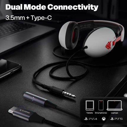 EvoFox Hyperion Gaming Headphones with Mic - White, 50mm Drivers, Immersive Surround Sound, Retractable Mic, Wired (3.5mm + Type-C), Inline Controls, Durable Build with Over Ear Swappable Ear Pads