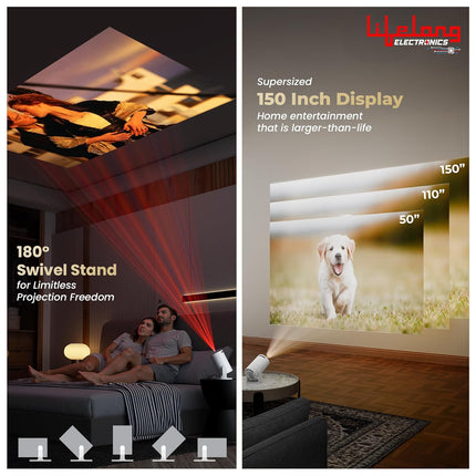 Lifelong Electronics Lightbeam Smart LED Projector | Android 14, 1080P & 4K Ultra HD Support, 4000 Lumens | All OTT Apps (Netflix, Prime, Jio etc.) | Auto Keystone, WiFi/BT, HDMI, Cast, 150” Screen
