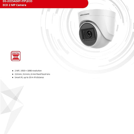 HIKVISION 2Mp Indoor Wired Color Camera for Dvr Ds-2Ce5Ad0T-Itp Eco Bnc/Dc, White - 1080P