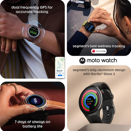 Motorola Moto Watch, 1.4 OLED, AOD, Auto-Brightness, Dual Band GPS, Powered by Polar Smartwatch