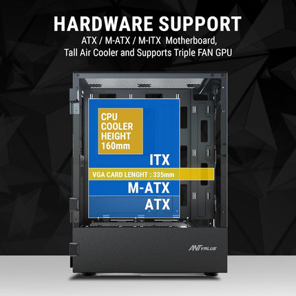 Ant Value VM40 ATX Computer Case/Gaming Cabinet - Black | Support ITX | Pre-Installed 3 Front & 1 Rear Rainbow Fans