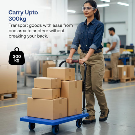 BonKaso 300Kg Heavy-Duty Foldable Platform Trolley | Plastic Hand Truck with 4 Wheels & Cushioned Grip Handle | Durable Material Cart for Home, Office, Warehouse & Industrial Use (90x60x86cm, Blue)