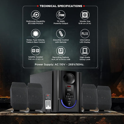 Intex ROAR-4701 Auxiliary, Bluetooth Deep Bass Home Theater with Subwoofer 4.1 Channel with 70W Premium Signature Sound, Multiple Connectivity Modes, Master Remote and Sleek Finish (Black)