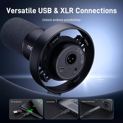 MAONO Dynamic Microphone for Podcast: PC Computer Gaming Mic USB-C & XLR with 192kHz/24bit for Podcasting Studio Recording Streaming Content Creation PD300XT Black