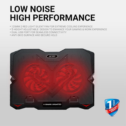 Ant Esports NC150 Ultra Slim and Sturdy Portable Laptop Cooling Pad with 2 * 1 125mm Red LED Fan, Anti Skid 5 Height Adjustable Stand, 2 USB Ports with Phone Holder- Supports 10-15.6 Inch Laptop