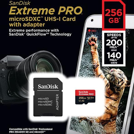 SanDisk Extreme Pro 256GB microSDXC UHS-I, V30, 200MB/s Read, 140MB/s Write, Memory Card for 4K Video on Smartphones, Action Cams and Drones