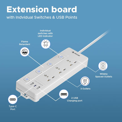 Lapcare Smart Surge Protector with Individual Switch, 250 Volts Extension Board, 3AC Socket 2500W, PD 20w & 2xUSB, 1.5M Copper Cord, Overload Protection, Safety Shutter, Durable PP Body