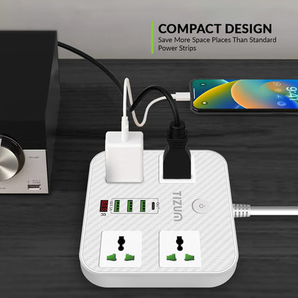 Tizum 3000W Power Converter, Fast Charging Extension Board/Cord with 4 Power Sockets, 1 QC/USB 3.1A, 1 PD Charger, 2 USB Ports, 2M Cord Length, Short Circuit Protection, 10Amp Power Outlet (White)