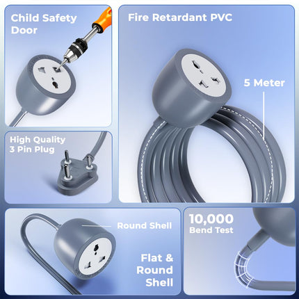 LAPCARE Coord 5-Meter Extension Cord (LSP-215), 2500W High Power, Fire-Resistant with Child Safety Shutter, Heavy Duty 3-Pin Plug, Short Circuit Protection – Extra Long Cable for Home & Office