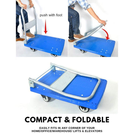 BIGAPPLE 150kg Capacity Plastic Foldable Platform Trolley for Heavy Weight/Material Handling Goods Trolley for Home, Office, Warehouse & Industries - 48cm x 72cm (4" Wheel/Blue) - Pack of 1