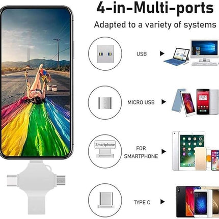 TECHNOVIEW Flash Drive 128GB 4 in 1 Pendrive with Light-ning, Micro USB, USB A, Type-C Interface Mini Hangable Pen Drive for iOS & Android Compatible with Phone, Pad, Android, PC and More Devices
