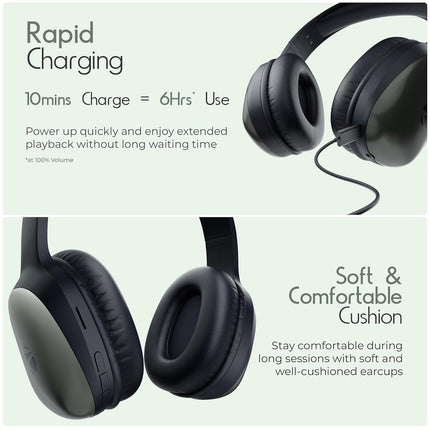 Zebronics Thunder Pro (2026 Upgrade) Wireless Headphones, BT v6.0, Up to 60h Playback, Dual Pairing, 40mm Drivers, ENC, Gaming Mode, Deep Bass, AUX & microSD, Rapid Charging (Olive Green)