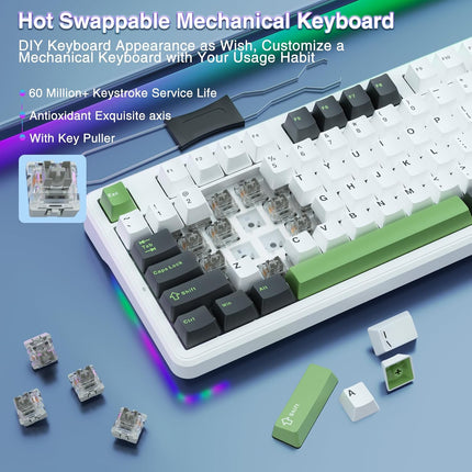 Aula F87 Wireless Mechanical Keyboard | 75% TKL Gasket Custom Hot Swappable Keyboard, 2.4Ghz/Type-C/Bluetooth Gaming Keyboard | Pre-lubed Switch RGB Backlit Keyboard (Green+White)