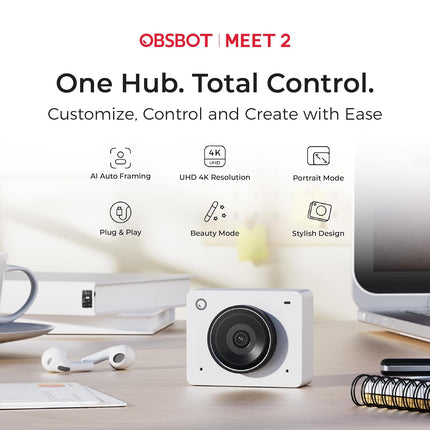 OBSBOT Meet 2-4K Webcam for PC with 1/2 Inch Sensor, AI Framing & Auto Focus, Beauty Mode, Gesture Control, 60 FPS, Twin SMI, Lightweight USB Camera for Streaming, Meetings, Gaming, Video Calls - Unboxify