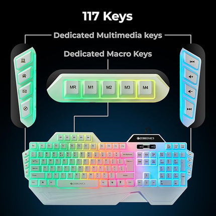 ZEBRONICS Optimus Gaming Keyboard & Mouse Combo, Braided Cable, Gold Plated USB, Upto 3600 DPI, 6 Buttons, High Resolution Sensor, Multicolor LED, Dedicated Macro Keys, 117 Keys (White) - Unboxify
