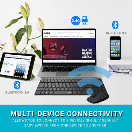 Rapoo 9300m Multi-Device Bluetooth + 2.4Ghz Wireless Keyboard & Mouse Combo Ultra Slim Design, Spill-Resistant, Anodized Aluminum Body Compatible with Windows/PC/Chromebook, 3 Years Warranty.