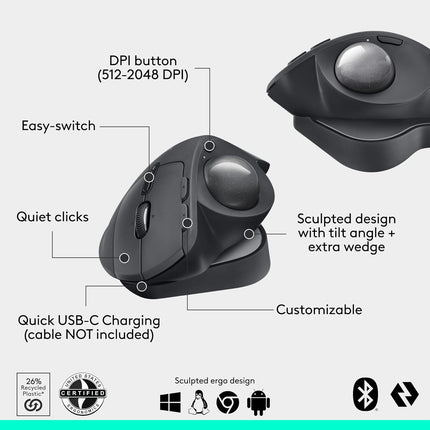 Logitech MX Ergo S Advanced Wireless Trackball Mouse with Free Adobe Subscription, USB-C Rechargeable Wireless Ergonomic Mouse with Bluetooth and Encrypted Dongle, 6 Programmable Buttons, for PC/Mac - Unboxify