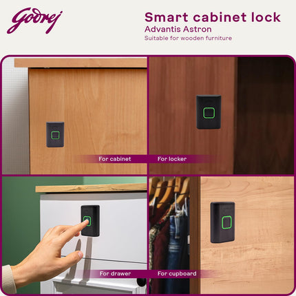 Godrej Smart Cabinet Lock| Biometric - 360° Fingerprint, 100 Fingerprints| Bluetooth| Mobile App | Passage Mode | Advantis Astron| 1st Made in India Digital Furniture Lock| Black