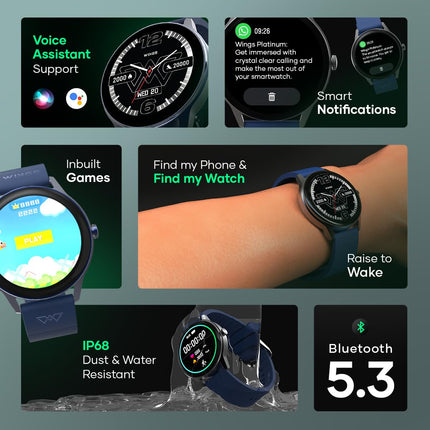 Wings Platinum Smartwatch with 1.39” HD IPS Display 110+ Workout Modes, 200+ Watchface, powerful 260mah Battery, 7 Days Battery Life, advanced Bt 5.3 Calling 24/7 Health Monitoring, Ai Voice Assistant