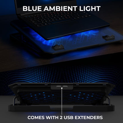 EvoFox Frost Laptop Cooling Pad with Phone Stand, 1000 RPM 2X Silent Fans, 5 Adjustable Angles, LED Lights, Durable Metal Mesh Surface, Ergonomic Stand for Laptops up to 15.6 inches