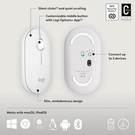 Logitech Pebble Mouse 2 M350s Slim Bluetooth Wireless Mouse, Portable, Lightweight, Customisable Button, 4000 DPI, Quiet Clicks, Easy-Switch for Windows, macOS, iPadOS, Android - Unboxify