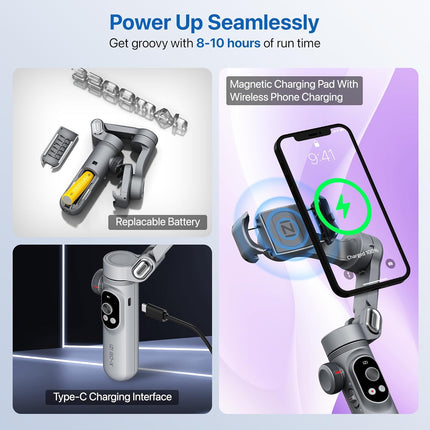 IZI GO-X Mobile Handheld Gimbal Stabiliser, 3-Axis, OLED Display, LED Fill Light, Wireless Charge Pad, Android, iPhone, Live Video, Instagram, YouTube, Shot Guide, Smart AI Track, Portable Gimbal.