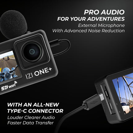 IZI ONE Plus 5K 48MP Action Camera - 6-Axis Gyro Stabilization, 110ft Waterproof, Vlogging, 170° FOV, WiFi, Dual Touch Screen Video Camera, 2X 1350mAh Batteries, Fast C-Type Charge HQ External Mic