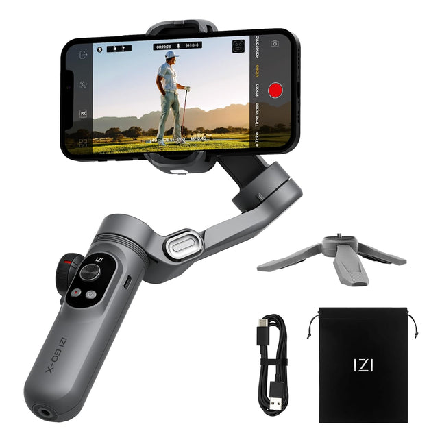 IZI GO-X Mobile Handheld Gimbal Stabiliser, 3-Axis, OLED Display, LED Fill Light, Wireless Charge Pad, Android, iPhone, Live Video, Instagram, YouTube, Shot Guide, Smart AI Track, Portable Gimbal.